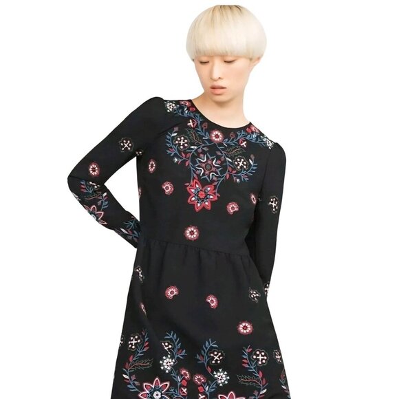 Zara Woman Floral Embroidered Runway Fav Long Sleeve Black Midi Dress Size M - Picture 6 of 14
